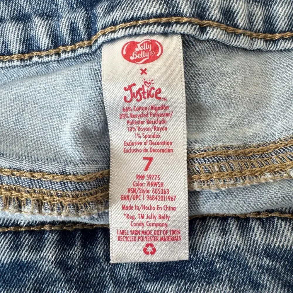 Vintage Justice Overalls & T-Shirt Jelly Belly Girls Size 7 Retro Rainbow Shorts